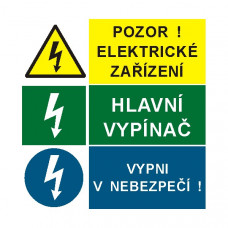 Tabulka STF-14-01 Pozor! Elektrické zařízení/Hlavní vypínač/Vypni v nebezpečí!